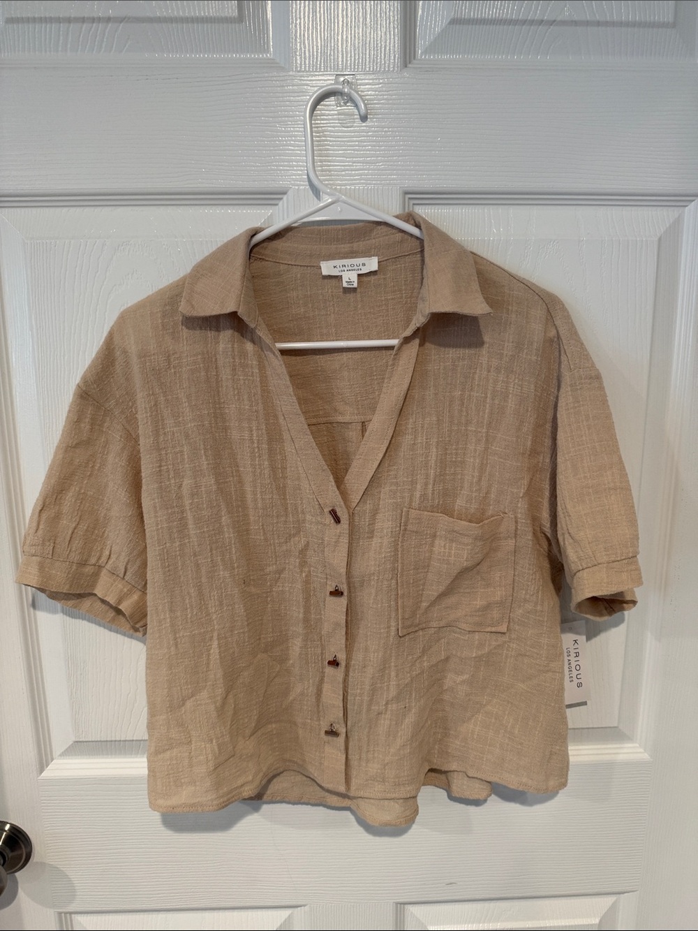 iris Neutral Beige Short-Sleeve Button-Front Linen Blend Shirt